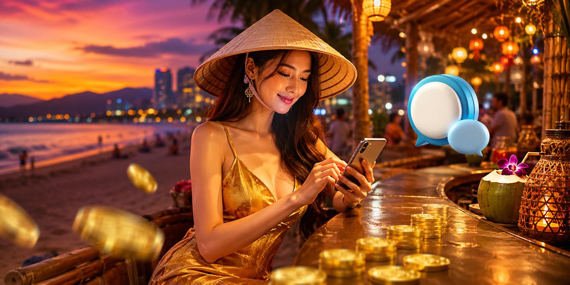 Người phụ nữ đội nón lá tại Đà Nẵng chơi bài và xem ưu đãi khuyến mãi card game trên điện thoại