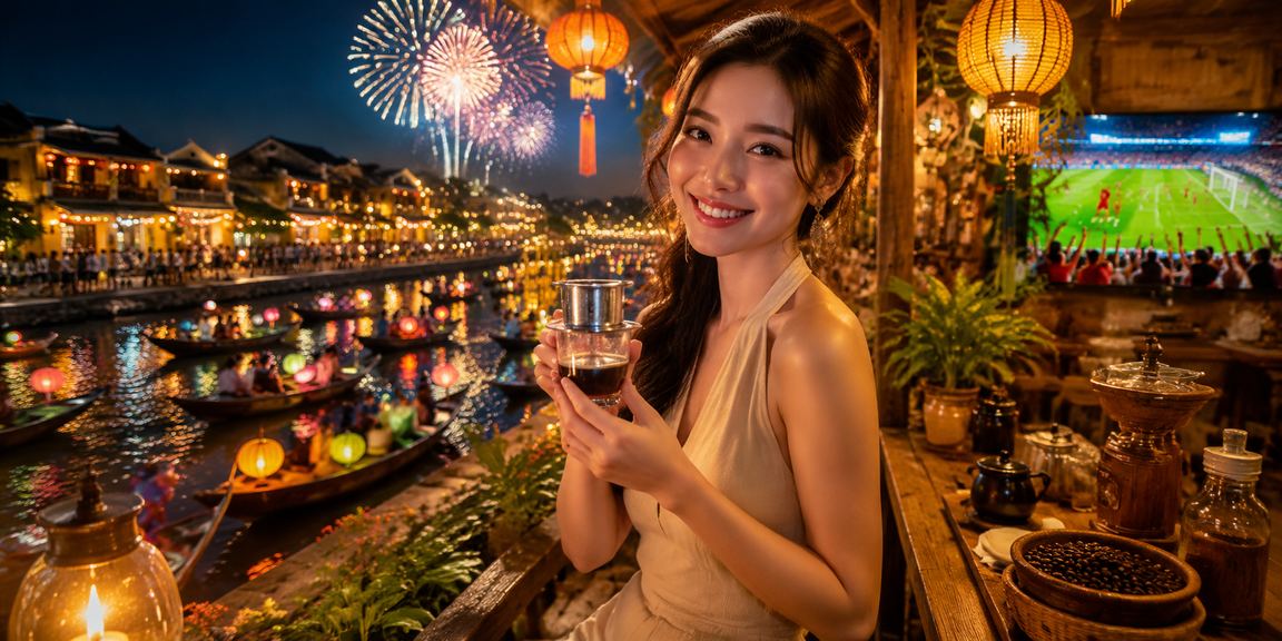 Người dùng tại Hội An đọc điều khoản và đăng ký tài khoản cá cược trực tuyến tại quán cà phê