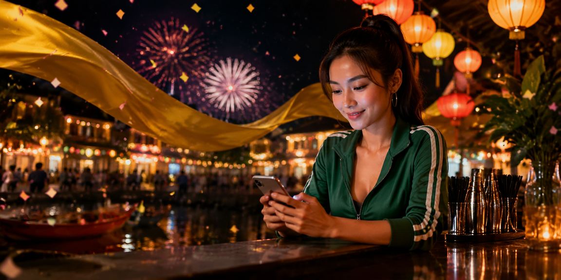Cảnh đèn lồng Hội An về đêm với người dùng kiểm tra thưởng hoàn tiền cashback trên điện thoại