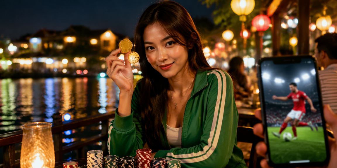 Người dùng tại Hội An ngồi quán cà phê xem kèo thể thao và kiểm tra giao dịch trên 3dpro