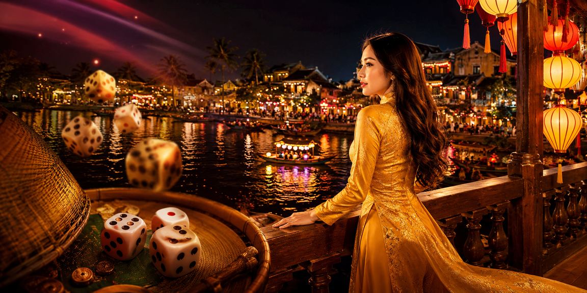 Người dùng tại Hội An trong trang phục áo dài tham gia trò tài xỉu trực tuyến trên điện thoại