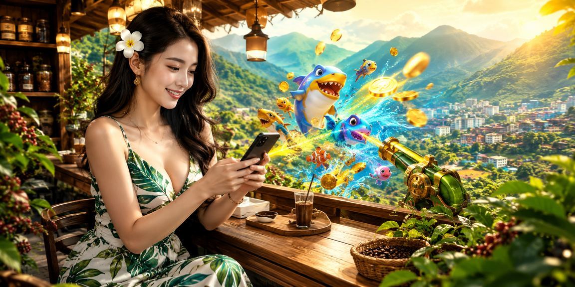 Người dùng tại Sa Pa ngồi quán cà phê nhỏ chơi game câu cá và kiểm tra số dư tài khoản trên điện thoại